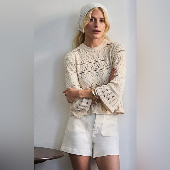 NWT Madewell Scalloped-Trim Open Knit Sweater Tee in Sand, Size XXS - Picture 6 of 15